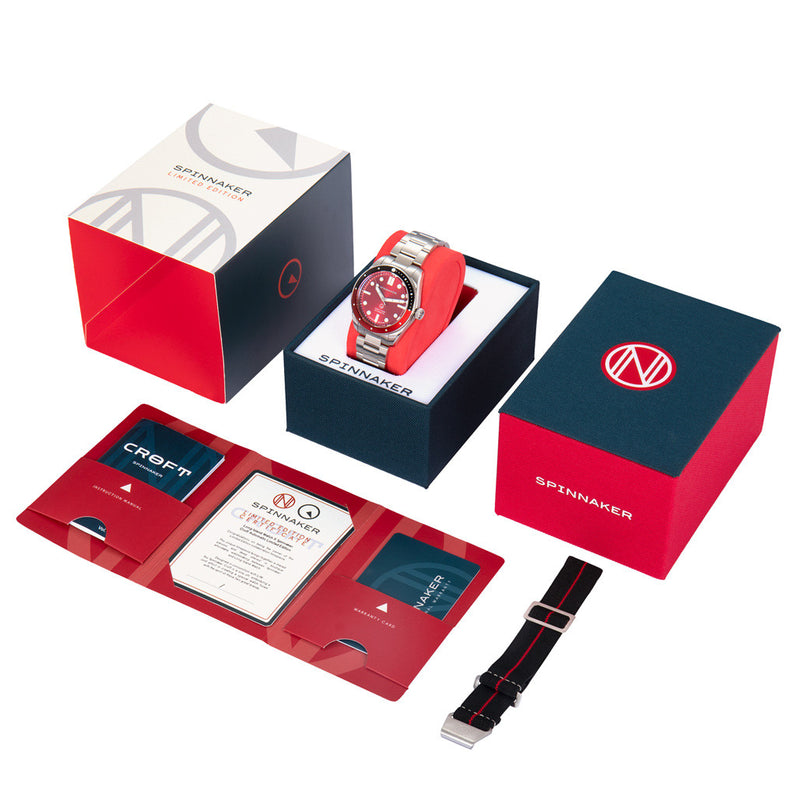 Spinnaker x Islander Croft Limited Edition Hi-Beat Watch with Sunburst Red Dial #SP-5094-LIW11 boxset