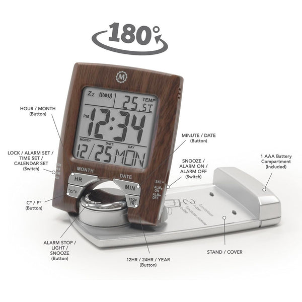 Marathon Travel Alarm Clock with Calendar, Temperature, 12 or 24 Hour Format #CL030023-WD-SV-NA