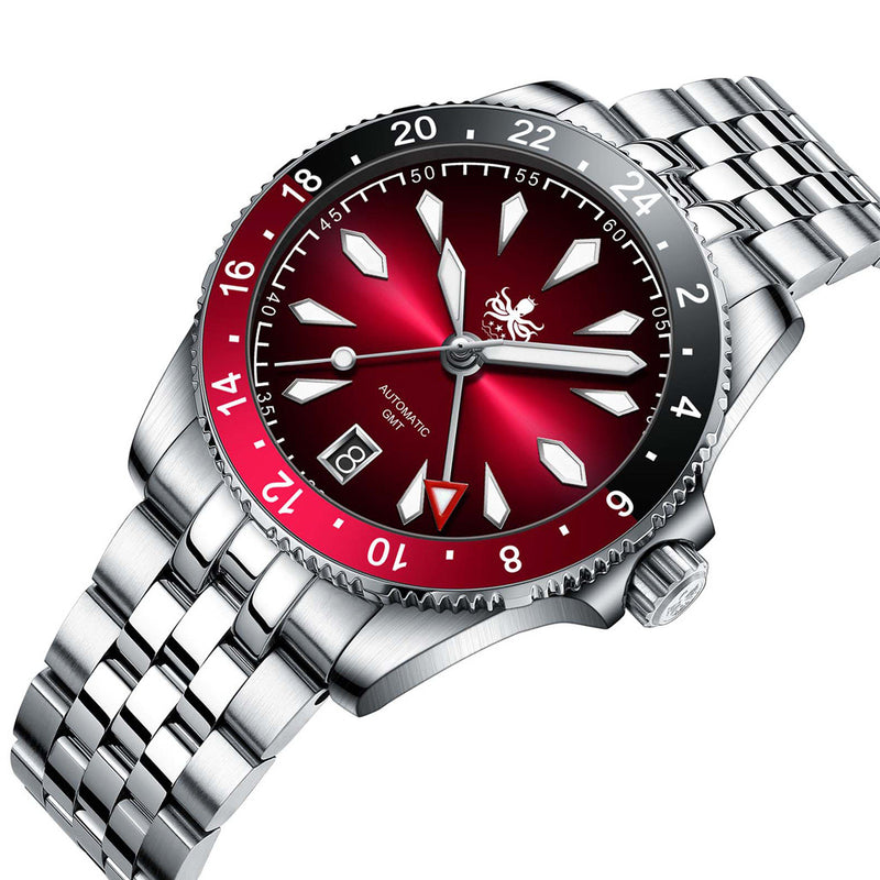 Phoibos Voyager GMT Automatic Watch with Red Dial #PY043D tilt