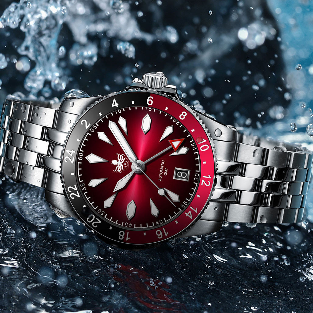 Phoibos Voyager GMT Automatic Watch with Red Dial #PY043D — Long