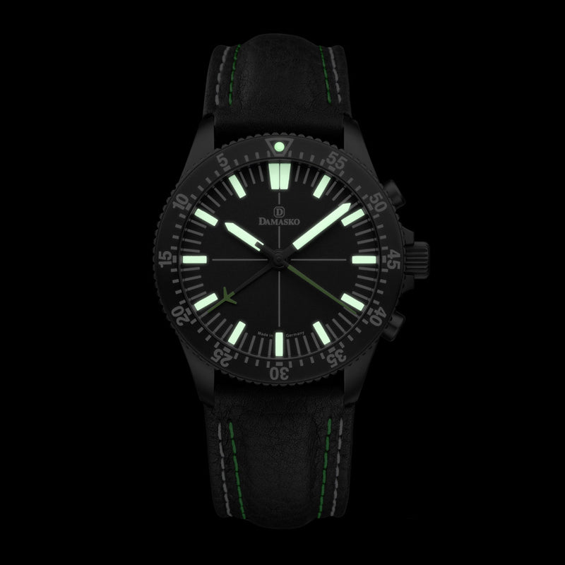 Damasko Black 42mm Chronograph, Green Accents, with 60-Minute Stopwatch Function #DC80BK-Gn lume