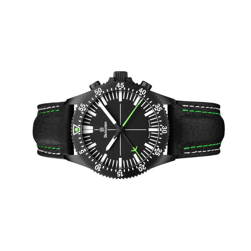 Damasko Black 42mm Chronograph, Green Accents, with 60-Minute Stopwatch Function #DC80BK-Gn side