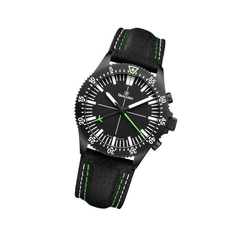 Damasko Black 42mm Chronograph, Green Accents, with 60-Minute Stopwatch Function #DC80BK-Gn tilt