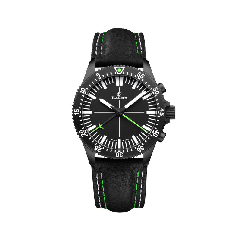Damasko Black 42mm Chronograph, Green Accents, with 60-Minute Stopwatch Function #DC80BK-Gn