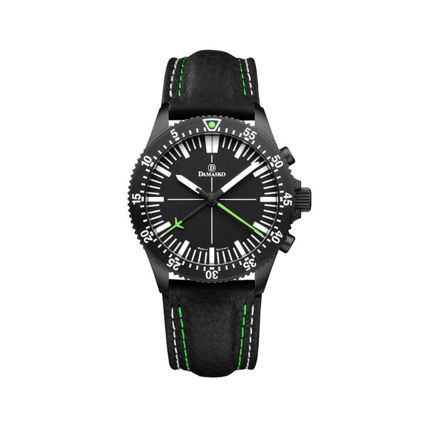 Damasko Black 42mm Chronograph, Green Accents, with 60-Minute Stopwatch Function #DC80BK-Gn