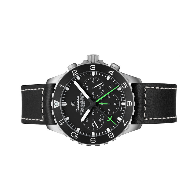 Damasko 42mm Chronograph with Stopwatch and 12-hour Totalizer with Green Accents #DC86/2-Gn side