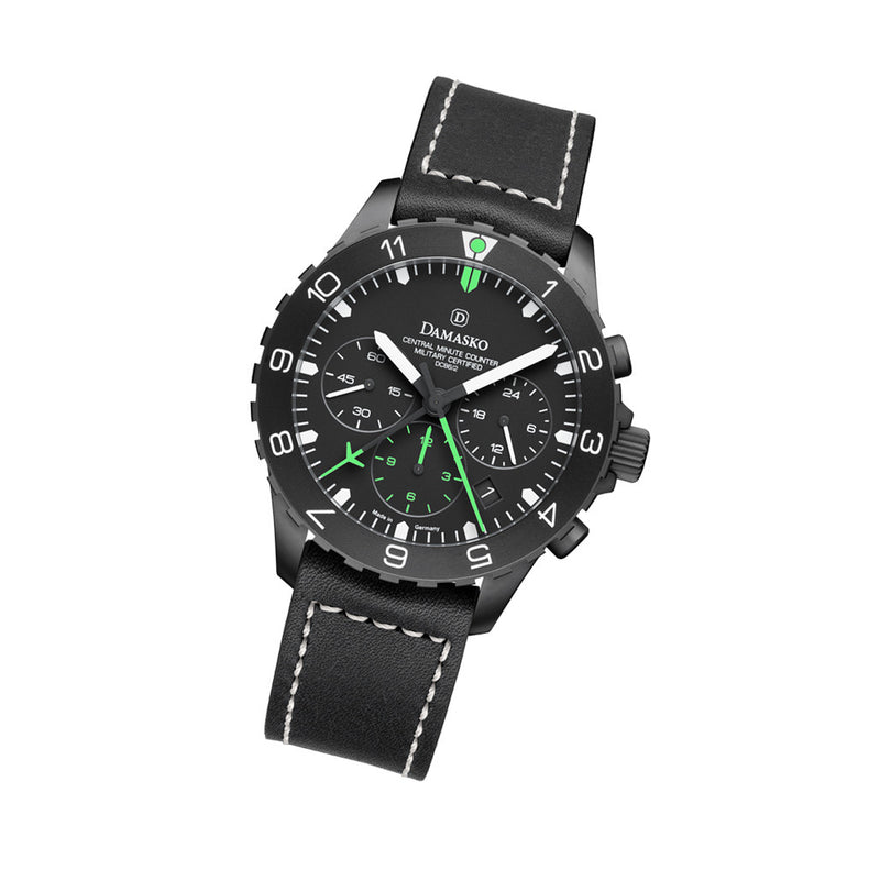 Damasko Black 42mm Chronograph with a Stopwatch and a 12-hour Totalizer #DC86/2Bk-Gn tilt