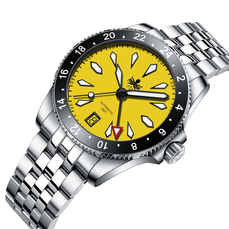 Phoibos Voyager GMT Automatic Watch with Yellow Dial #PY043F tilt