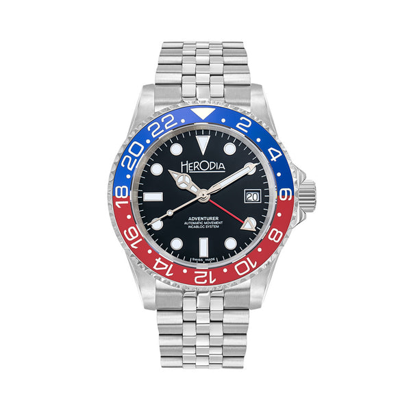 Herodia Adventurer Swiss Automatic GMT Watch with Pepsi Bezel #HADVSBLRBK.AC