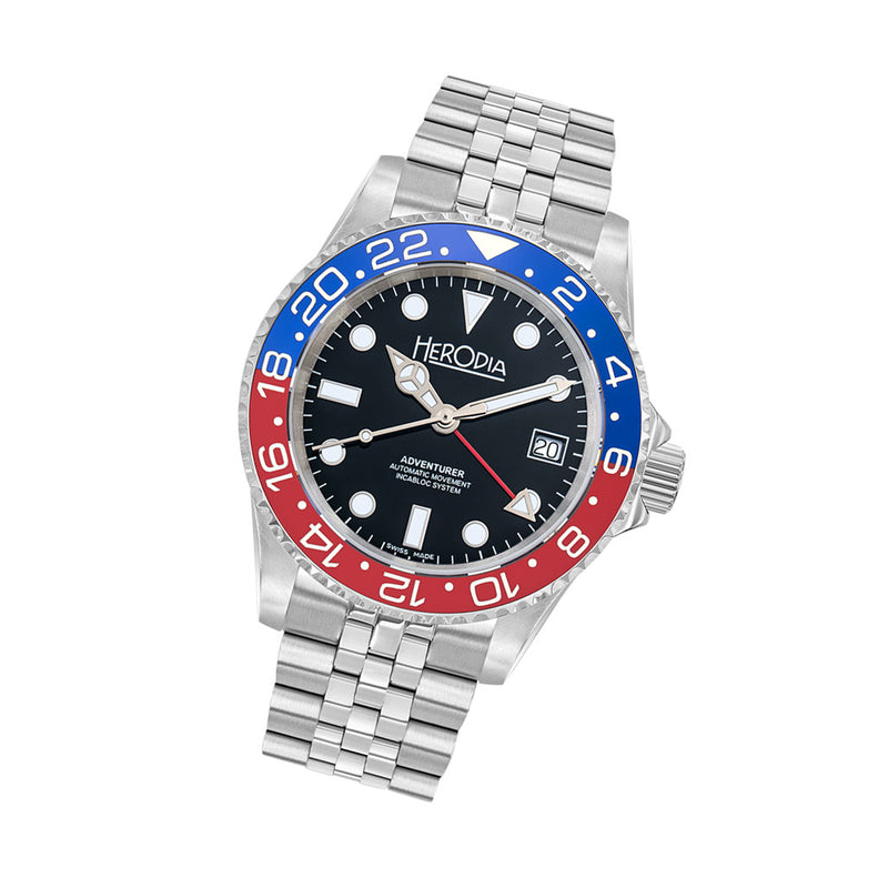 Herodia Adventurer Swiss Automatic GMT Watch with Pepsi Bezel #HADVSBLRBK.AC