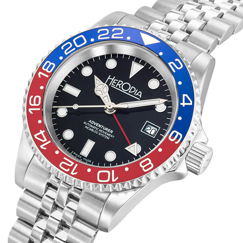 Herodia Adventurer Swiss Automatic GMT Watch with Pepsi Bezel #HADVSBLRBK.AC