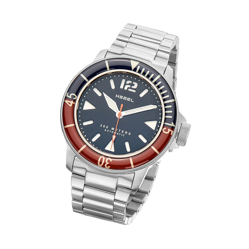 HEMEL Hydrodurance Dive Watch with  Black Dial and Red-Blue Bezel #HD1RB Tilt