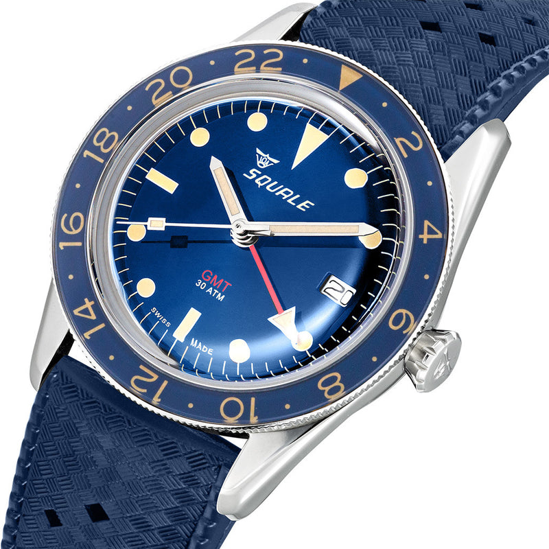 Squale 300 Meter Swiss Automatic GMT-Dive Watch with Blue Dial and Rubber Strap #SUB-39GMTBL.HTB tilt