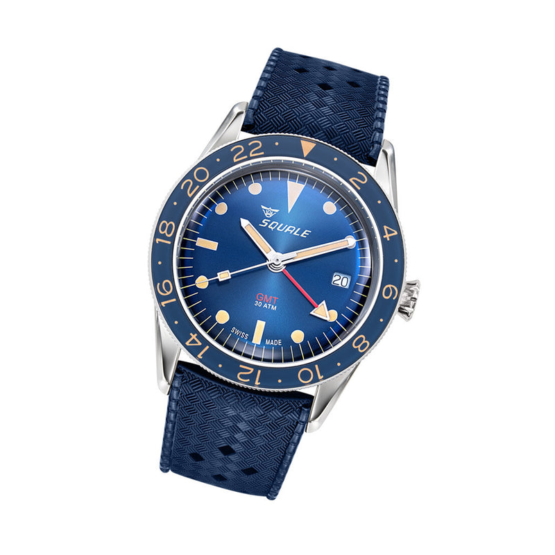 Squale 300 Meter Swiss Automatic GMT-Dive Watch with Blue Dial and Rubber Strap #SUB-39GMTBL.HTB tilt