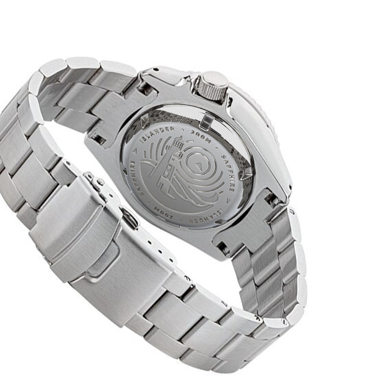 Islander Automatic Dive Watch with Solid-Link Bracelet, AR Sapphire Crystal, Dual-Time Luminous Ceramic Bezel Insert #ISL-01 back