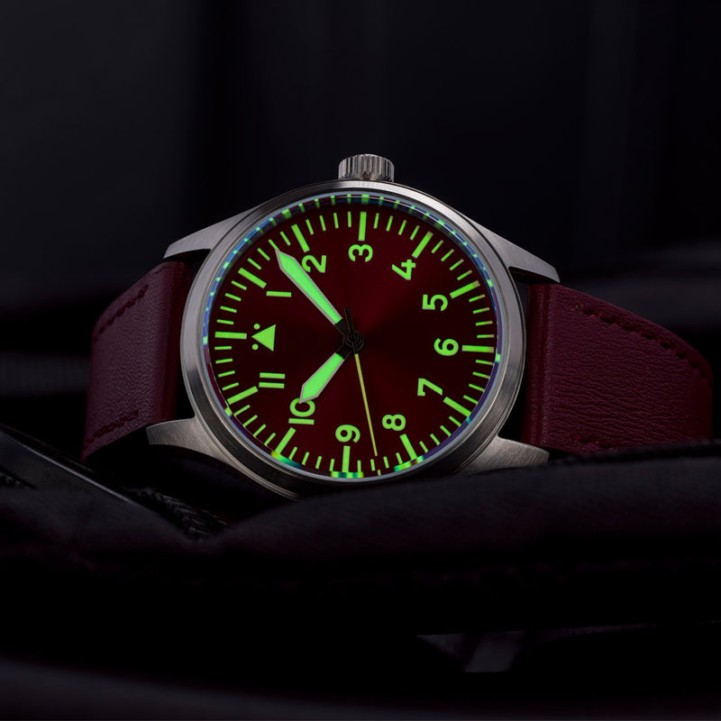 Islander 39mm Automatic Pilot watch with Maroon Dial and Sapphire Crystal #ISL-103 lume