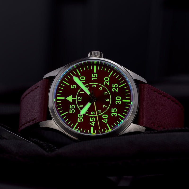 Islander 39mm Automatic Pilot watch with Maroon Dial and Sapphire Crystal #ISL-109 lume