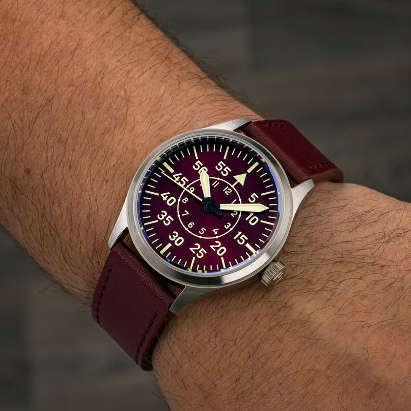 Islander 39mm Automatic Pilot watch with Maroon Dial and Sapphire Crystal #ISL-109 wrist