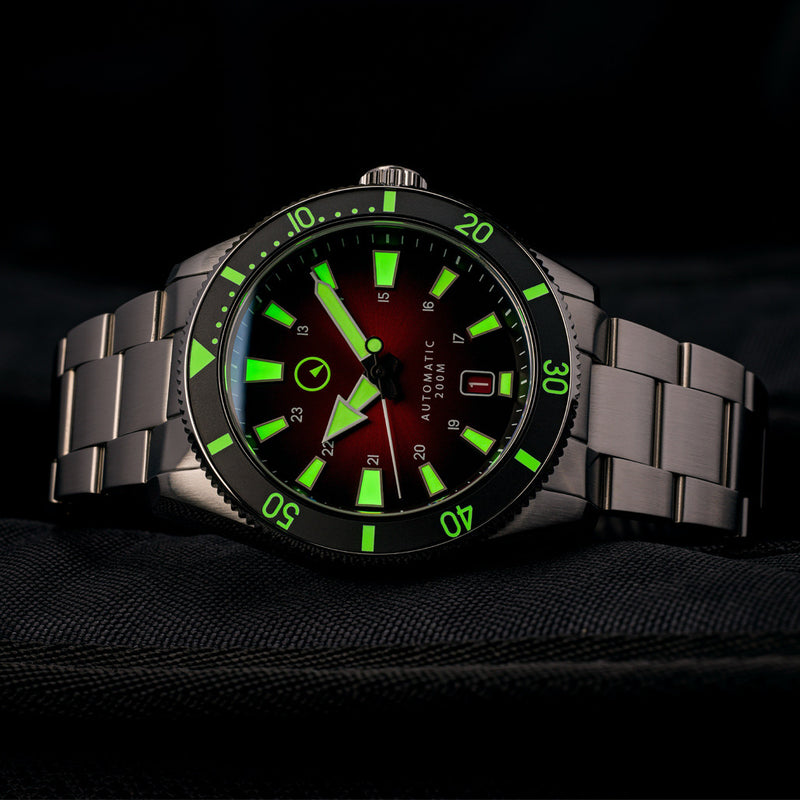 Islander Southold 42mm Automatic Dive Watch with Red Ombre Dial #ISL-116 lume