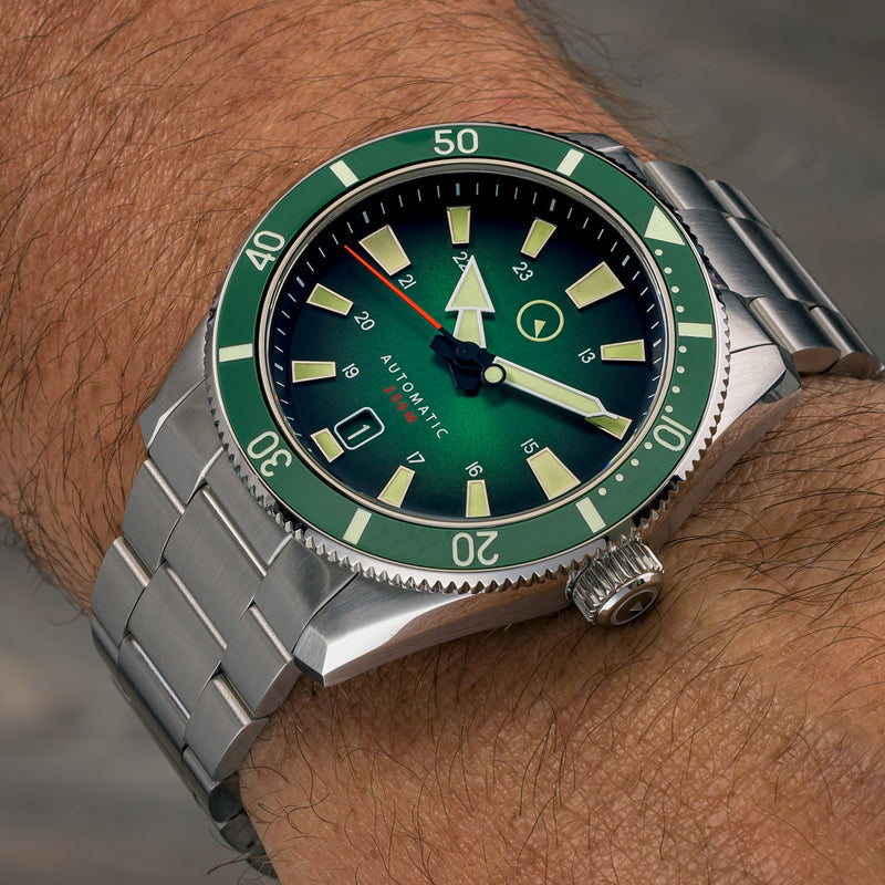 Islander Southold 42mm Automatic Dive Watch with Green Ombre Dial #ISL-117 wrist