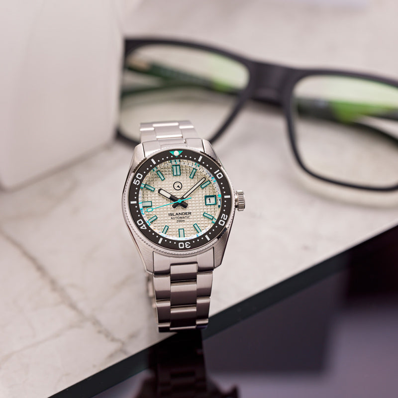 Islander 38mm Automatic Dive Watch with Grey Waffle Dial and Blue Accents #ISL-125 Lifestyle