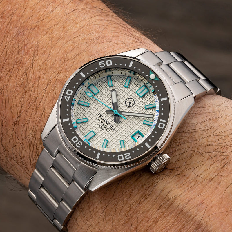 Islander 38mm Automatic Dive Watch with Grey Waffle Dial and Blue Accents #ISL-125 Wrist
