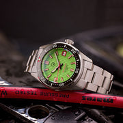 Islander 38mm Automatic Dive Watch with Green Waffle Dial and Red Accents #ISL-126 Lifestyle