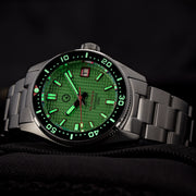 Islander 38mm Automatic Dive Watch with Green Waffle Dial and Red Accents #ISL-126 Lume