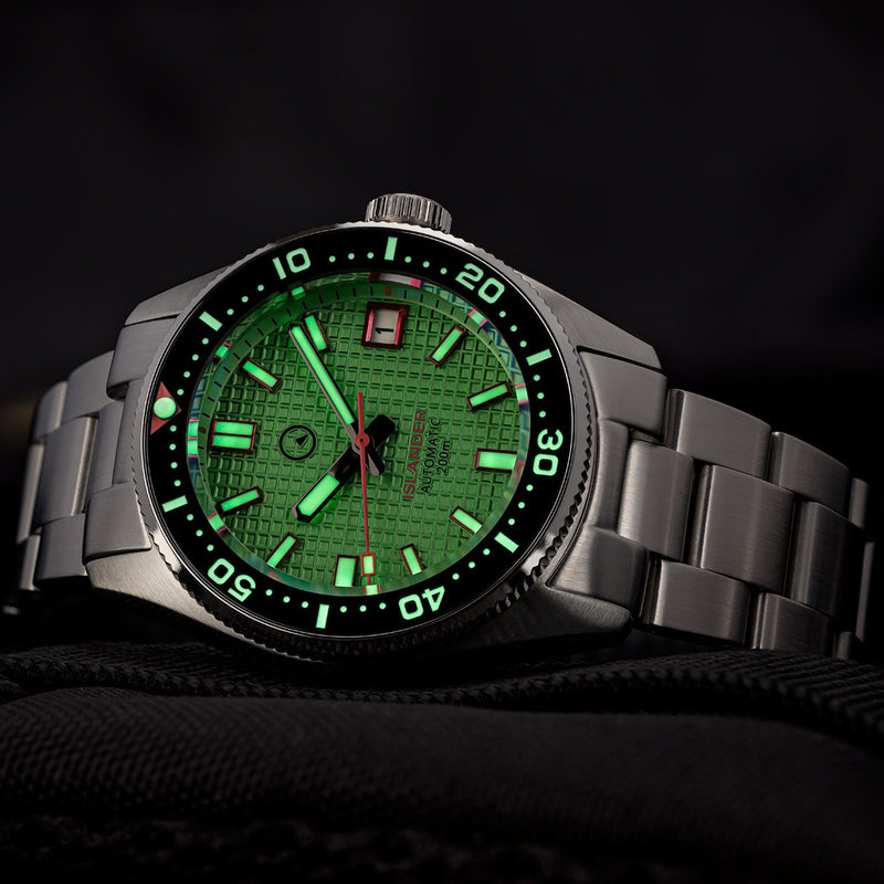 Islander 38mm Automatic Dive Watch with Green Waffle Dial and Red Accents #ISL-126 Lume