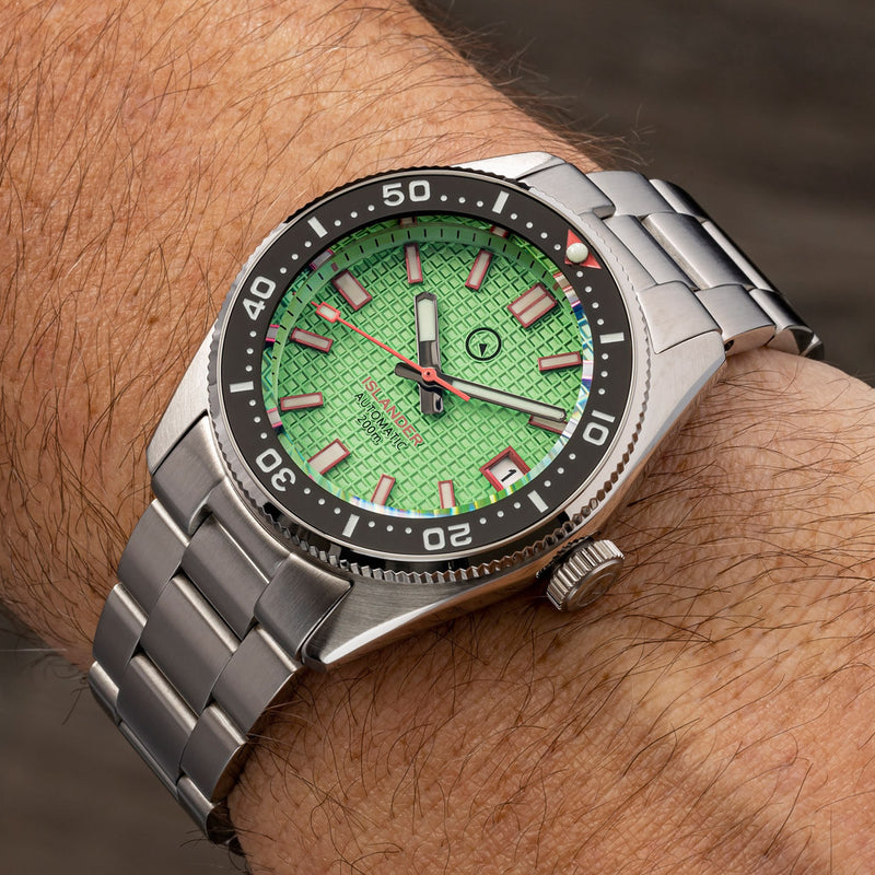 Islander 38mm Automatic Dive Watch with Green Waffle Dial and Red Accents #ISL-126 Wrist