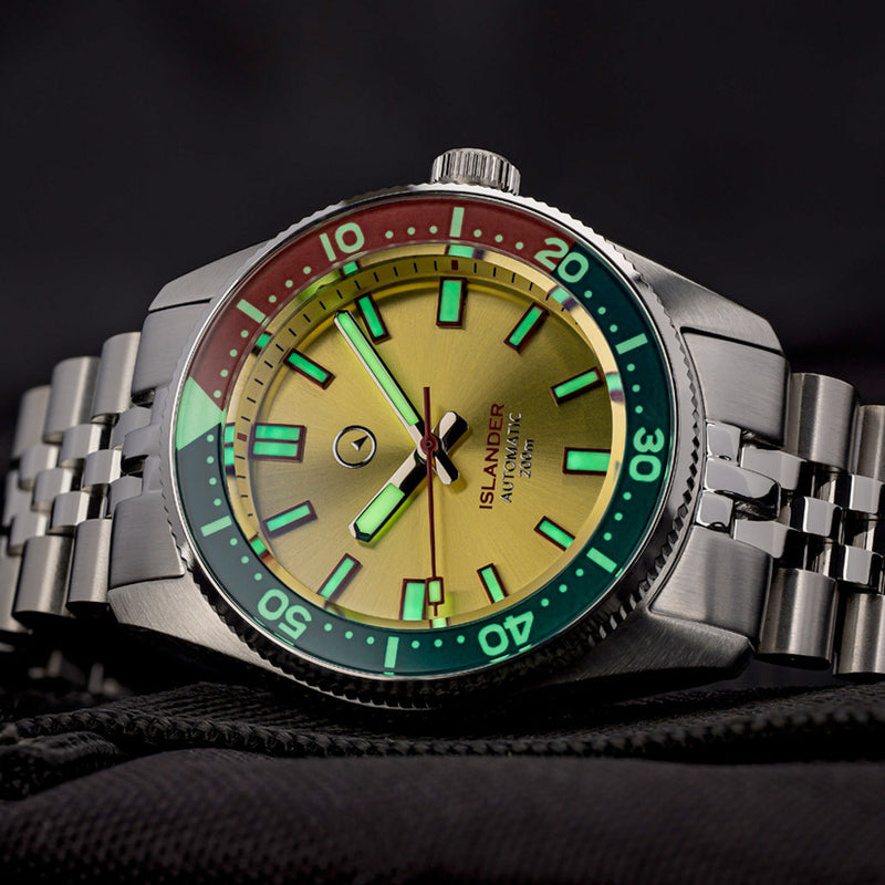 Islander 38mm Automatic Dive Watch with Sunburst Gold Dial and Maroon Accents #ISL-127