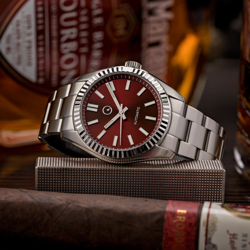 Islander Hi-Beat Automatic Dress Watch with Sunburst Cherry Red Dial Lifestyle