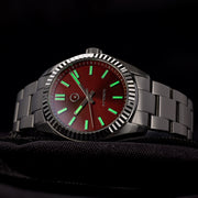 Islander Hi-Beat Automatic Dress Watch with Sunburst Cherry Red Dial Lime