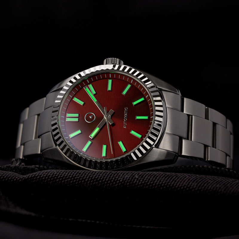 Islander Hi-Beat Automatic Dress Watch with Sunburst Cherry Red Dial Lime