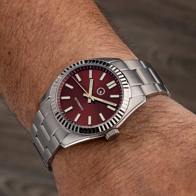 Islander Hi-Beat Automatic Dress Watch with Sunburst Cherry Red Dial Wrist