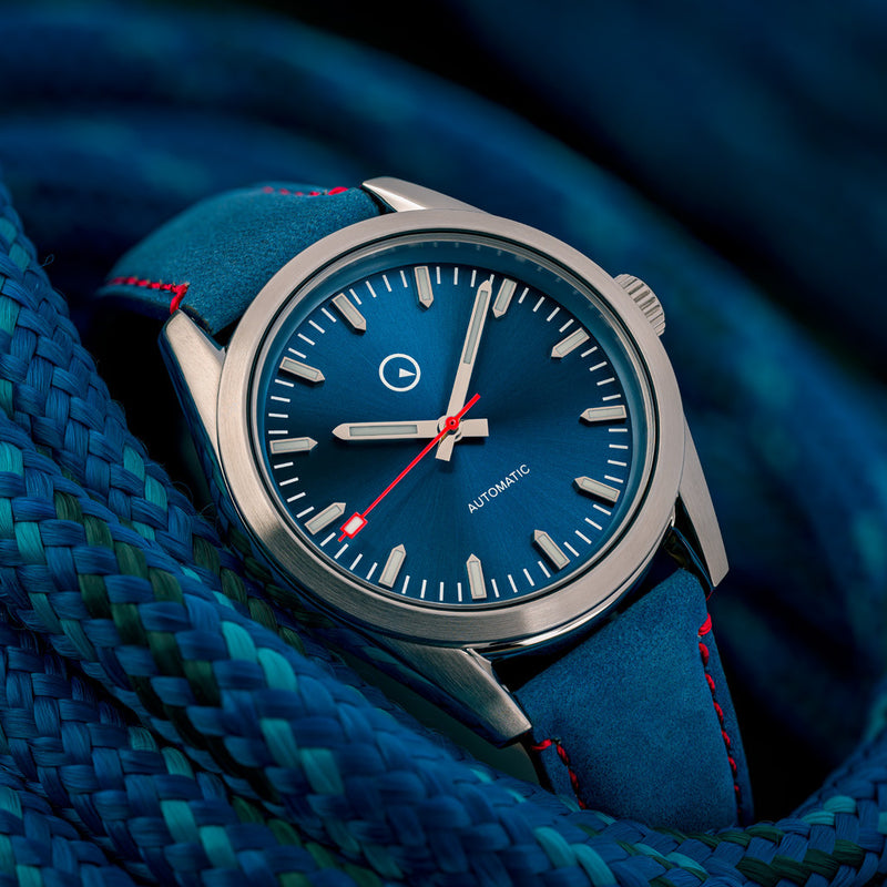Islander Automatic Watch with Sunburst Blue Dial and Red Accents #ISL-134 Life