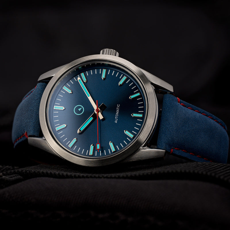 Islander Automatic Watch with Sunburst Blue Dial and Red Accents #ISL-134 Lume
