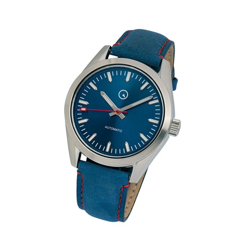 Islander Automatic Watch with Sunburst Blue Dial and Red Accents #ISL-134 Tilt