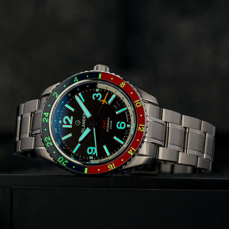 Islander Republic Swiss Automatic GMT Watch with Black Dial #ISL-138 lume