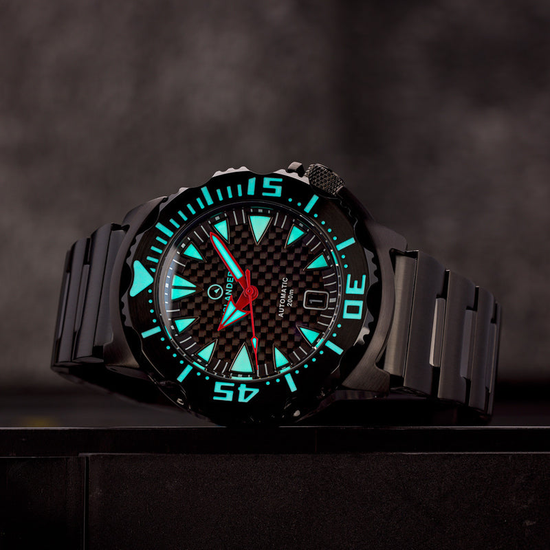 Islander Carbon Fiber Dial Automatic Dive Watch with DLC Case and Bracelet #ISL-144 lume