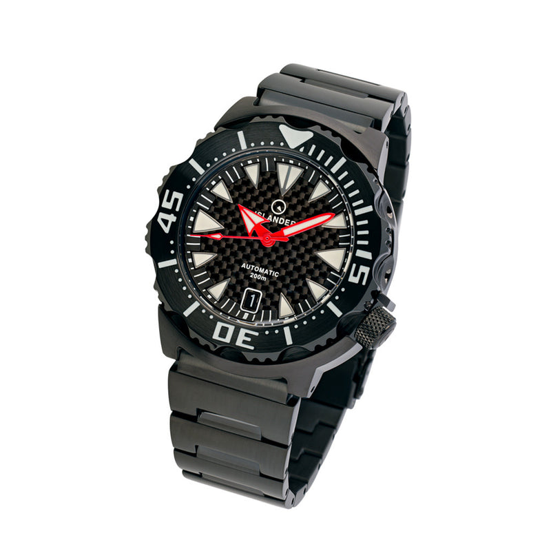 Islander Carbon Fiber Dial Automatic Dive Watch with DLC Case and Bracelet #ISL-144 tilt