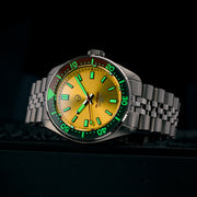 Islander 43mm Automatic Dive Watch with Sunburst Gold Dial and Maroon Accents #ISL-149 lume