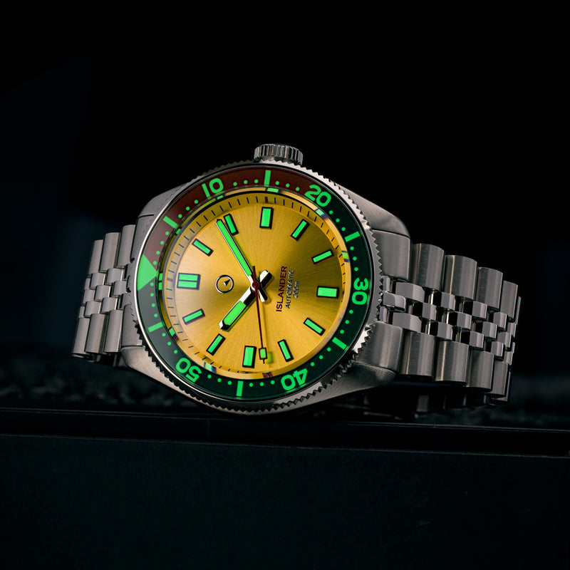 Islander 43mm Automatic Dive Watch with Sunburst Gold Dial and Maroon Accents #ISL-149 lume