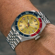 Islander 43mm Automatic Dive Watch with Sunburst Gold Dial and Maroon Accents #ISL-149 wrist