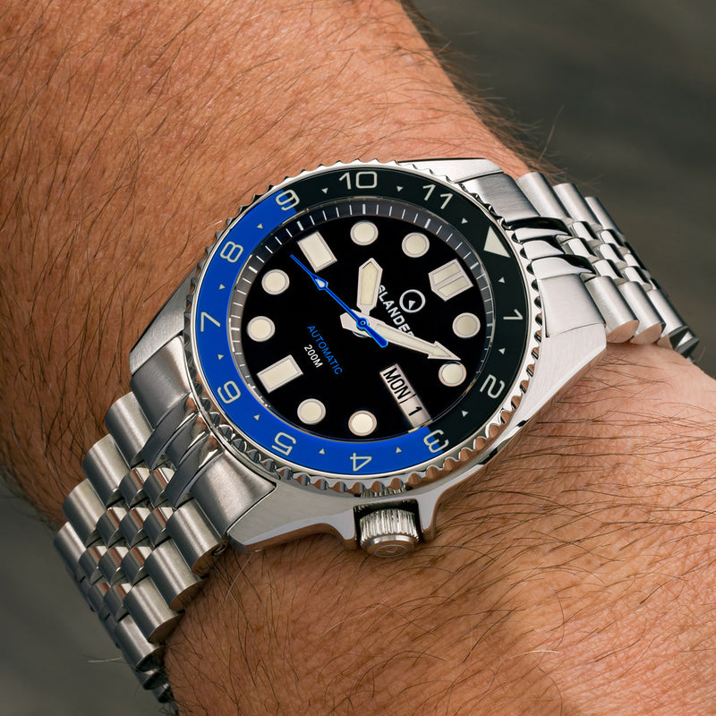 Islander 38mm Automatic "Batman" Dual Time Dive Watch #ISL-150 wrist