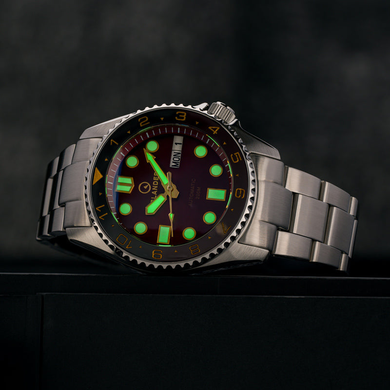 Islander 38mm Automatic "Root Beer" Dual Time Dive Watch #ISL-152 lume
