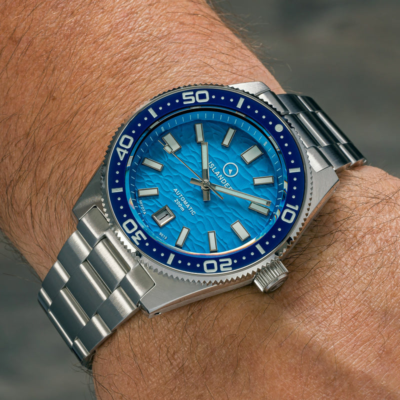 Islander Northport Hi-Beat Automatic Dive Watch with Turquoise Ripple Dial #ISL-156 wrist