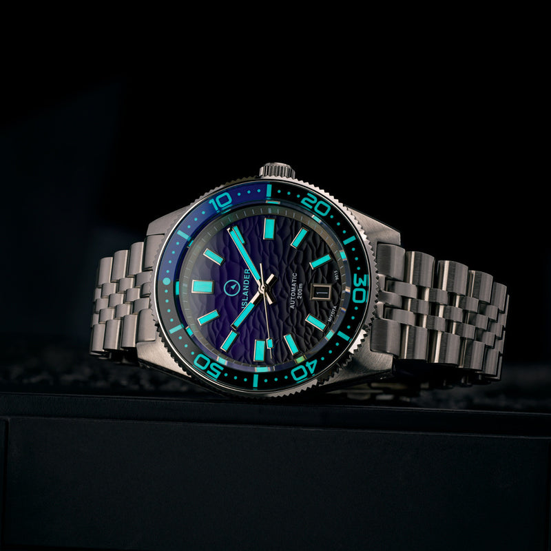 Islander Northport Hi-Beat Automatic Dive Watch with Black and Purple Ripple Dial #ISL-157 lume