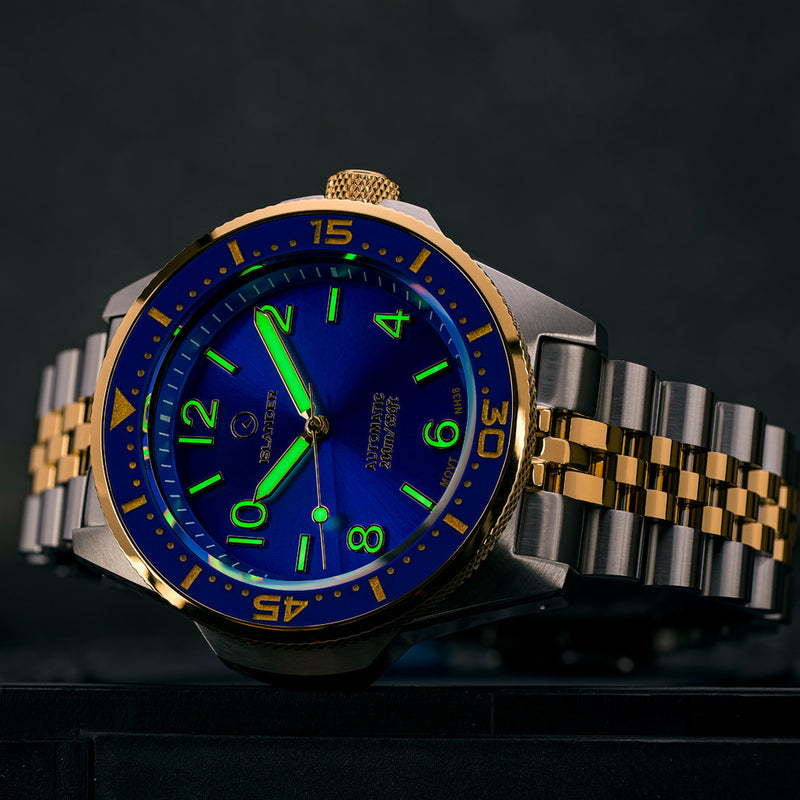 Islander Roslyn Two-Tone Dive Watch with Radiant Blue Dial #ISL-167 lume