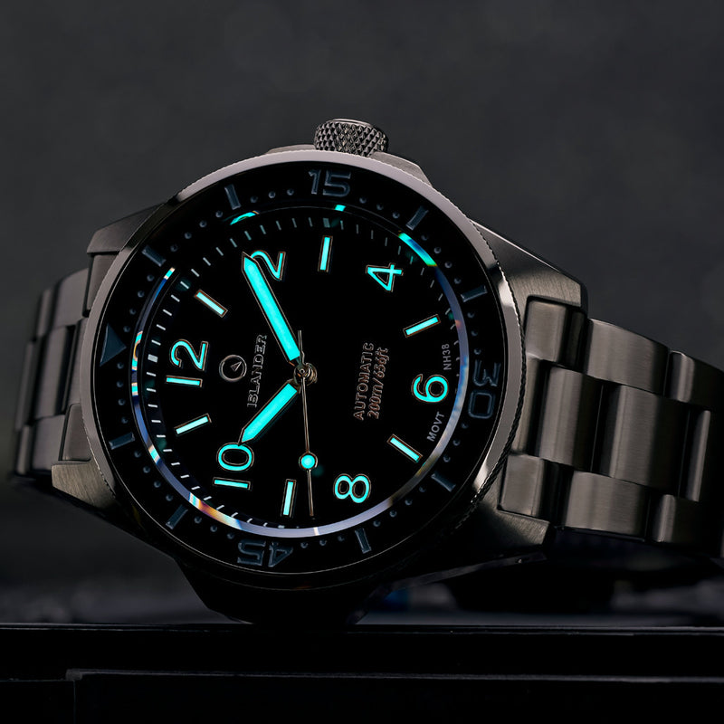 Islander Roslyn Gun Metal Dive Watch with Black Dial #ISL-168 lume